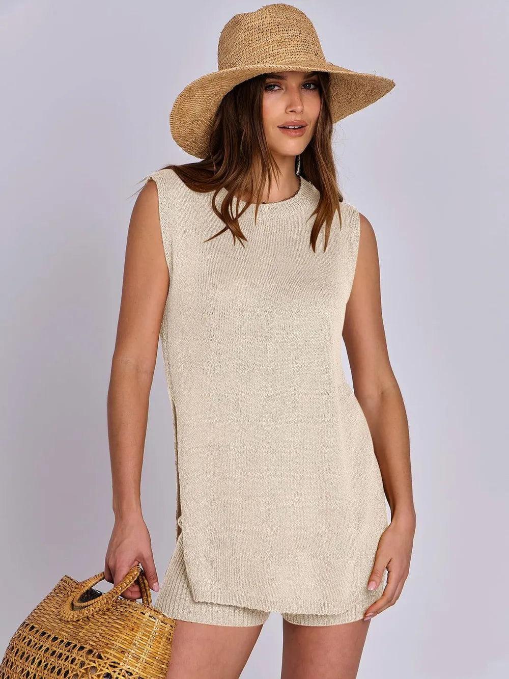 Mandy Side Slit Round Neck Tank and Shorts Sweater Set - Which Mark