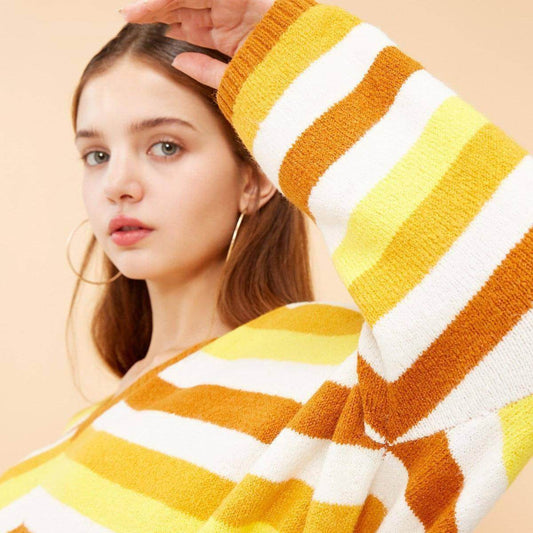 New striped stitching loose V-neck sweater women - Which Mark