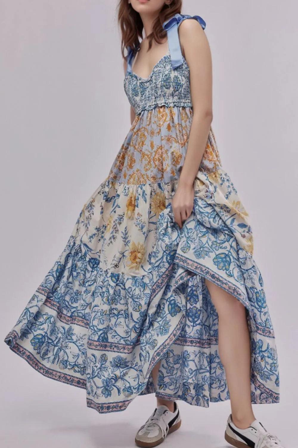 Floral Tiered Maxi Dress with Mixed Print Design - Which Mark