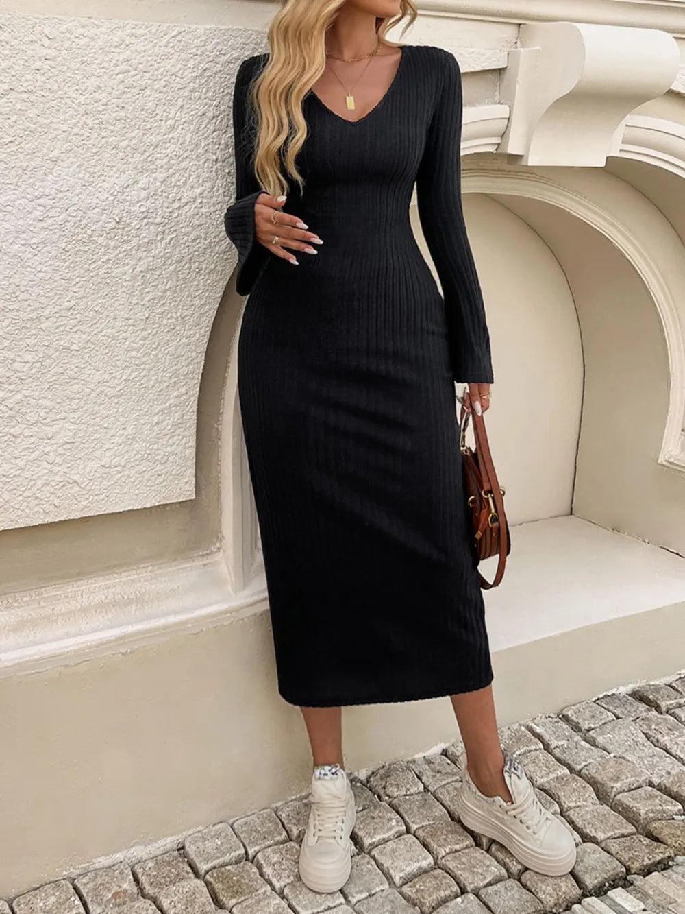 Devine Tied V-Neck Long Sleeve Sweater Dress - Which Mark