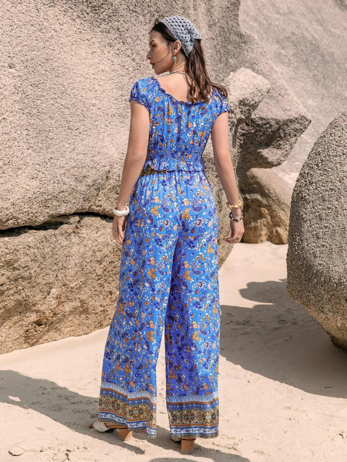 Printed V-Neck Top and Pants Set - Which Mark