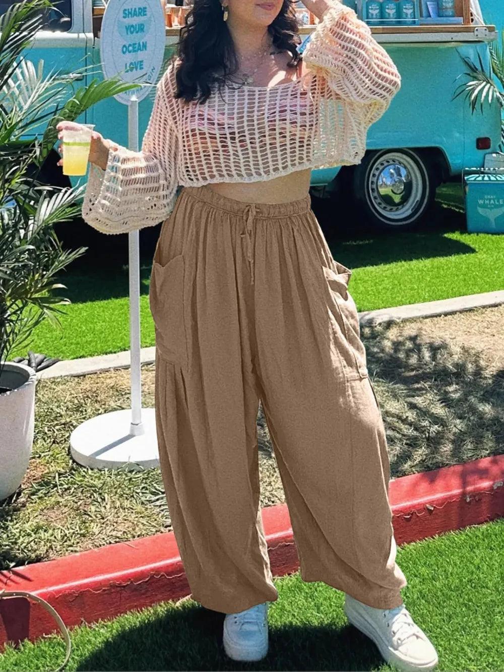Full Size Drawstring Pants with Pockets Plus Size - Which Mark