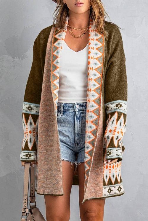 Brown Aztec Print Open Front Knitted Cardigan - Which Mark