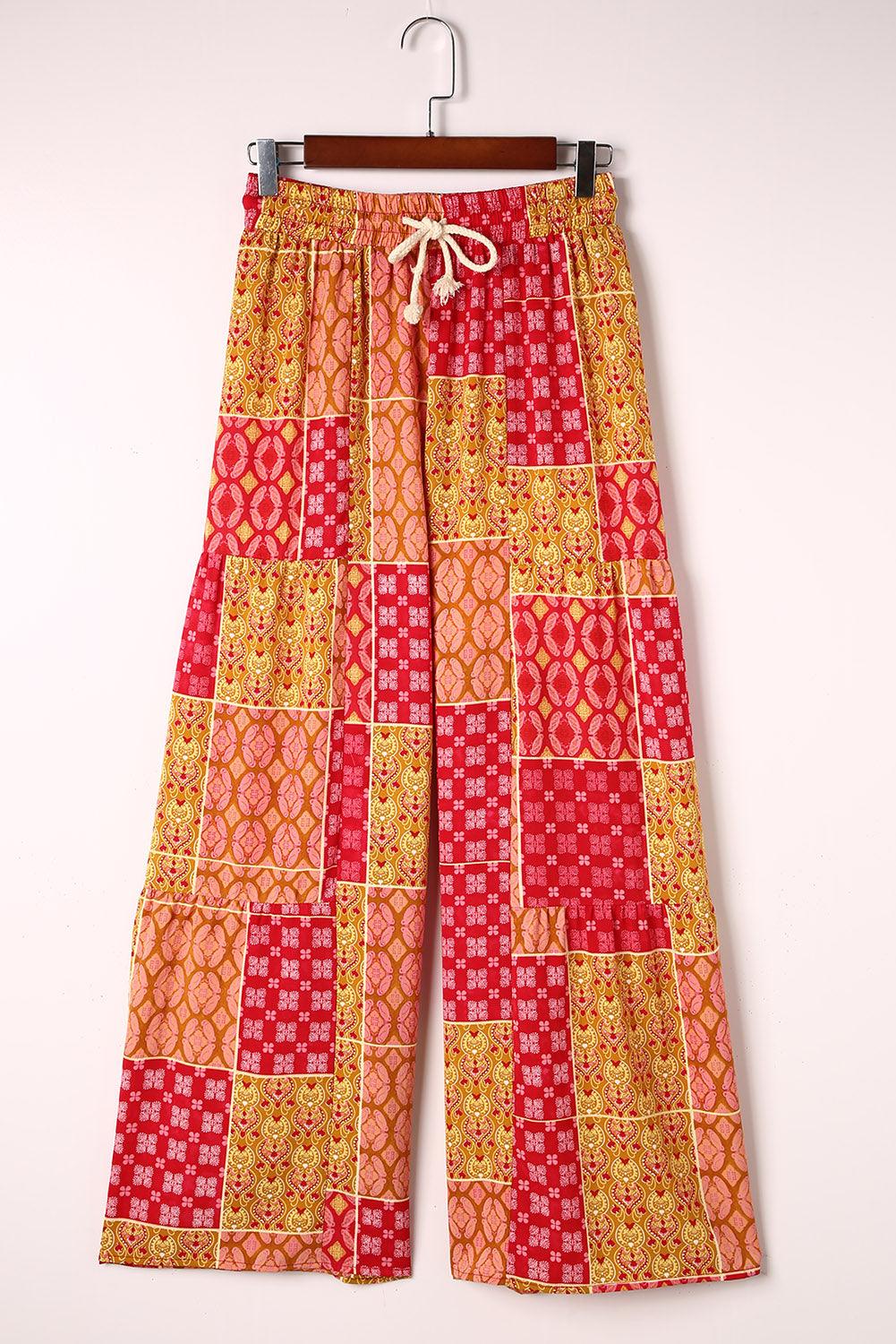Bohemian Patchwork Drawstring Wide Leg Pants - Which Mark