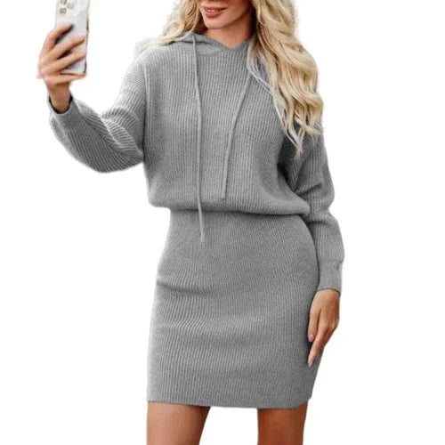 Casual Dress Mid-length Hooded Cinched Waist Sweater - Which Mark