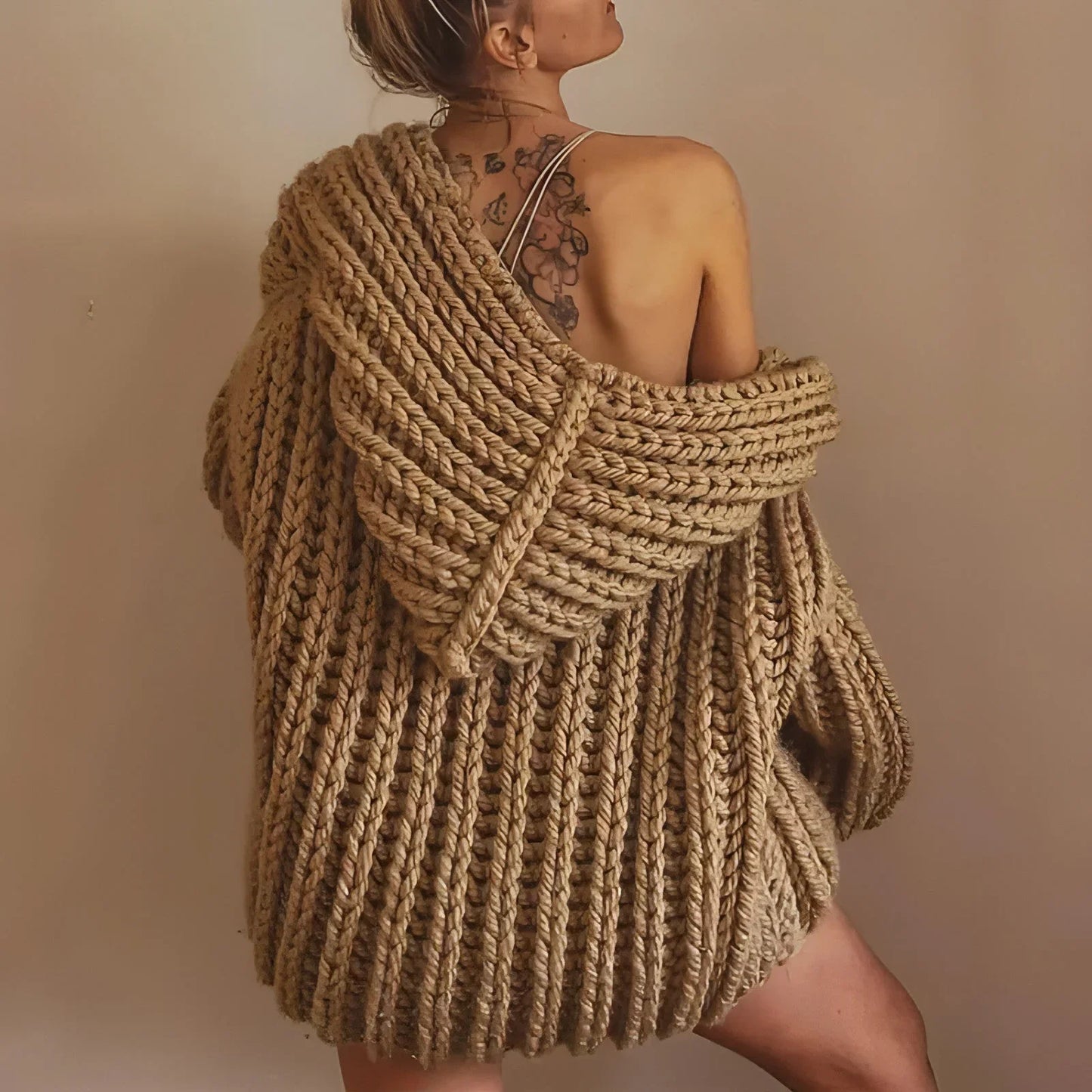 Hooded Thick Pattern Loose Knitted Cardigan Woven Design Sweater - Which Mark