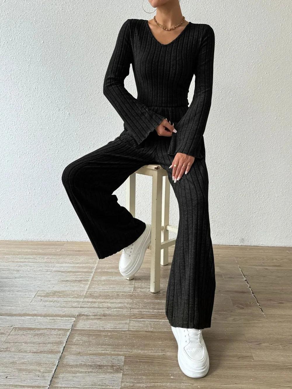 Ribbed V-Neck Long Sleeve Top and Pocketed Pants Set - Which Mark