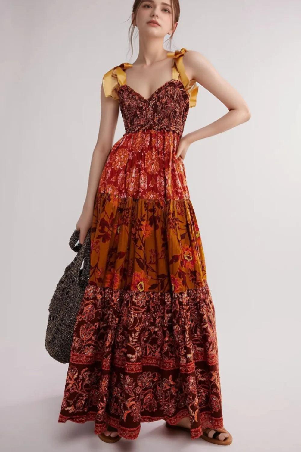 Floral Tiered Maxi Dress with Mixed Print Design - Which Mark