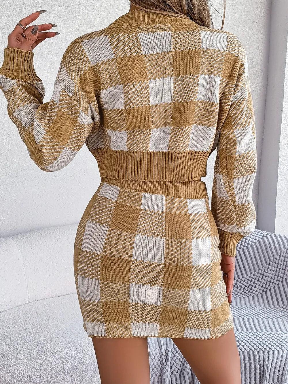 Plaid Round Neck Top and Skirt Sweater Set - Which Mark