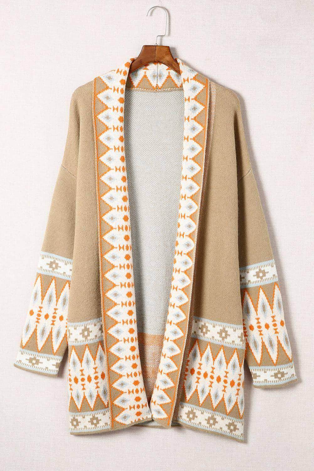 Khaki Aztec Print Open Front Knitted Cardigan - Which Mark
