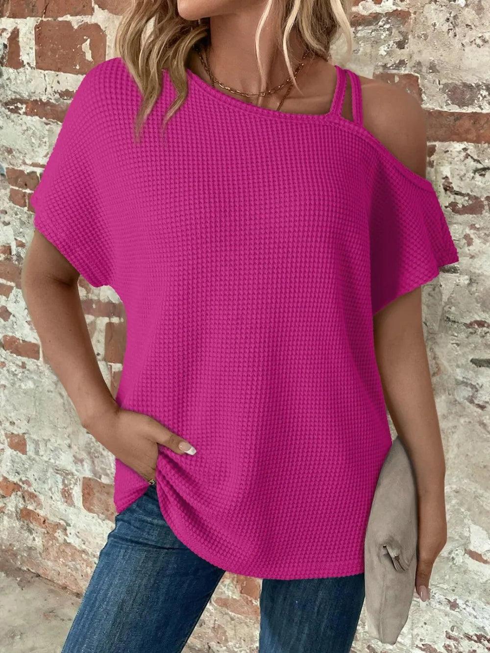 Asymmetrical Neck Short Sleeve T-Shirt - Which Mark
