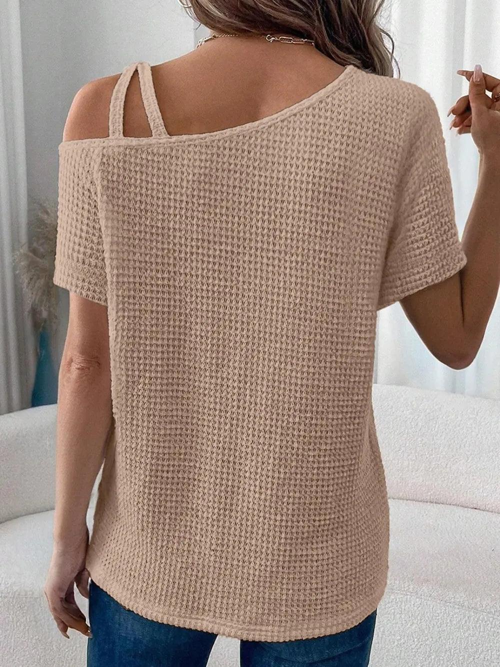 Asymmetrical Neck Short Sleeve T-Shirt - Which Mark