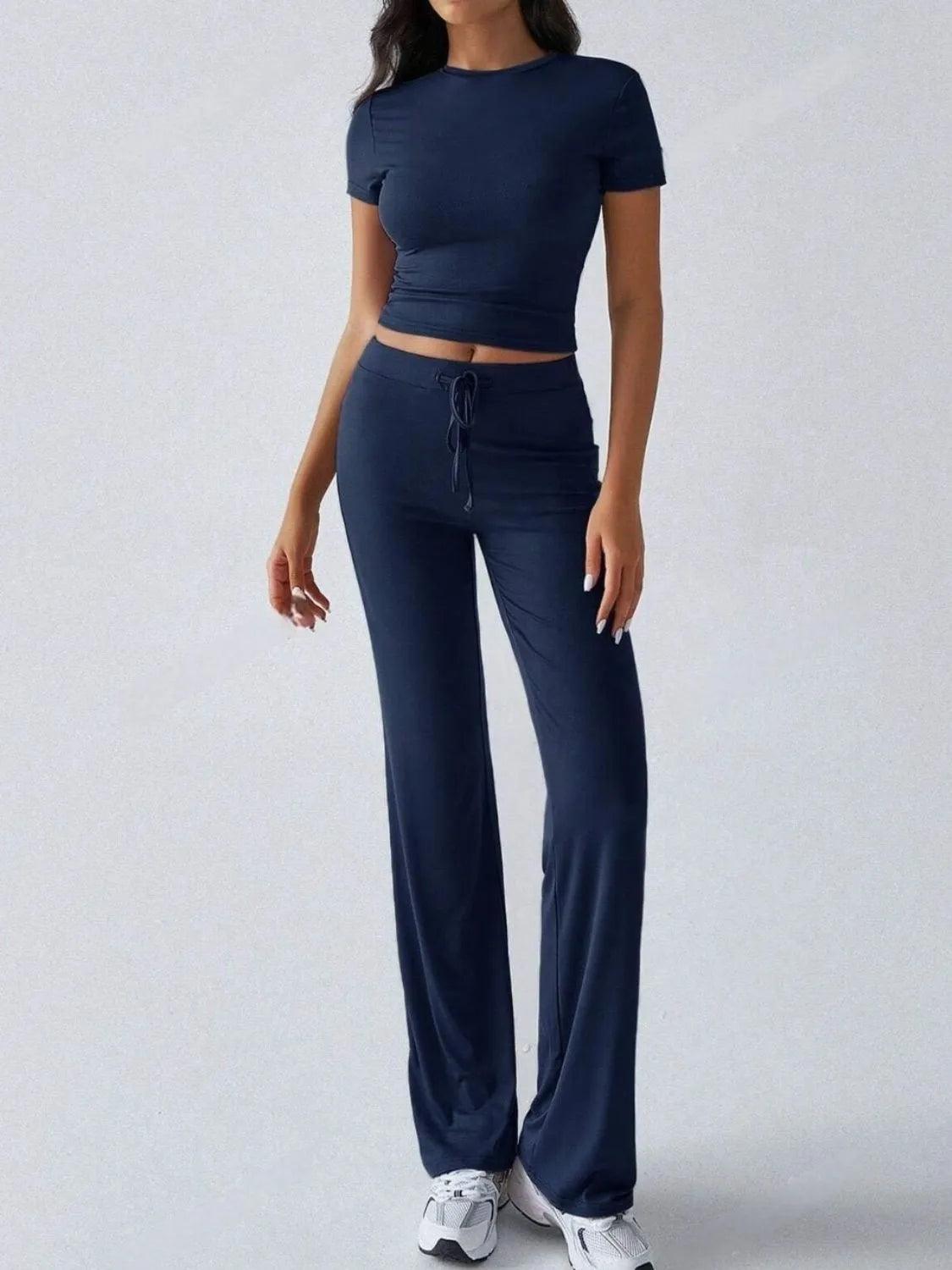 Round Neck Short Sleeve Top and Pants Set - Which Mark