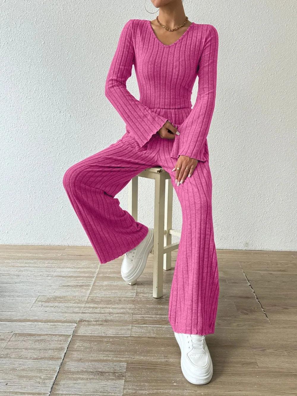 Ribbed V-Neck Long Sleeve Top and Pocketed Pants Set - Which Mark