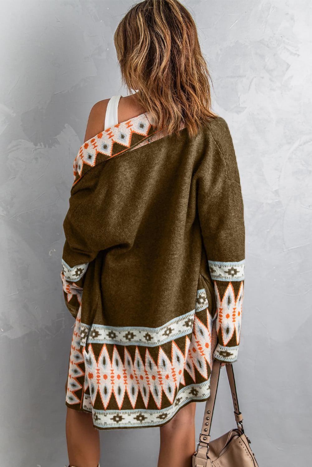 Brown Aztec Print Open Front Knitted Cardigan - Which Mark