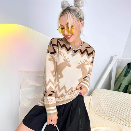 Round Neck Pullover Elk Style Women's Knitted Sweater Women - Which Mark