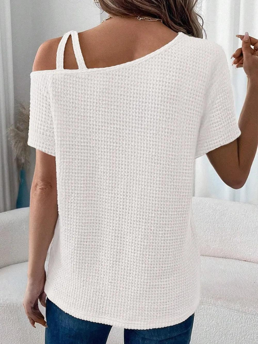 Asymmetrical Neck Short Sleeve T-Shirt - Which Mark