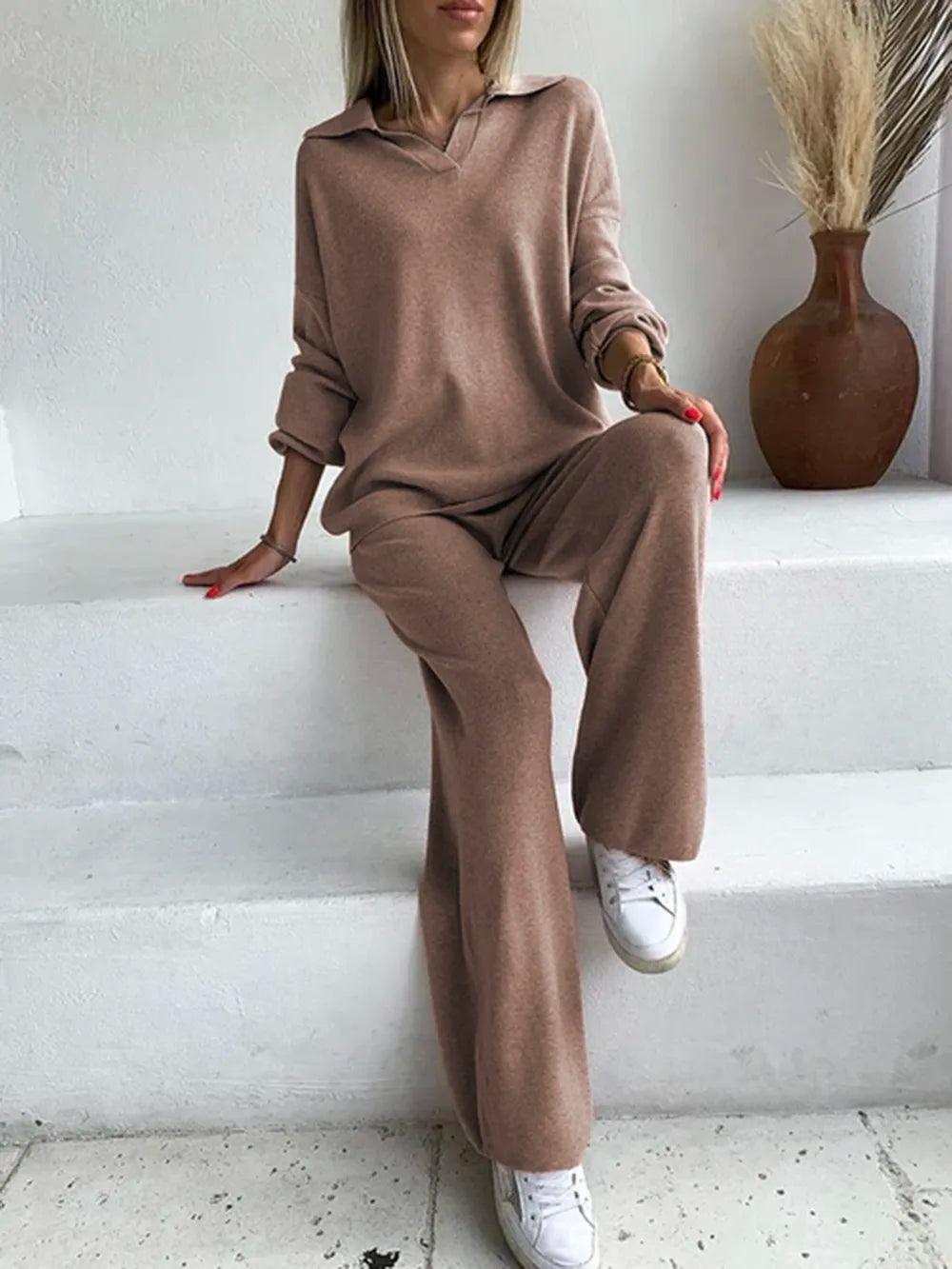 Johnny Collar Long Sleeve Top and Pants Sweater Set - Which Mark