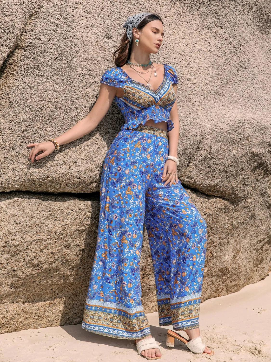 Printed V-Neck Top and Pants Set - Which Mark
