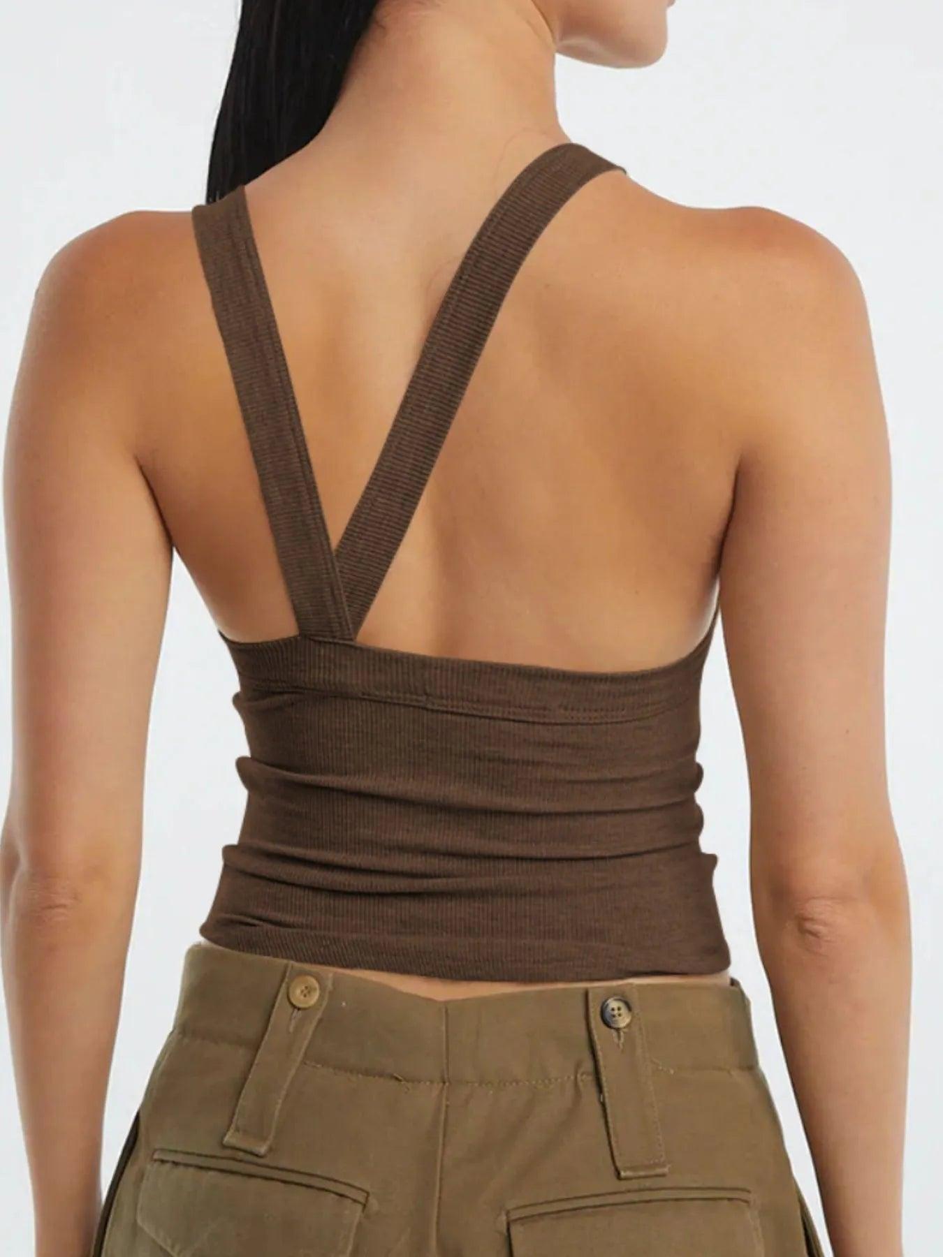 Asymmetrical Back Ribbed Crop Tank Top - Which Mark