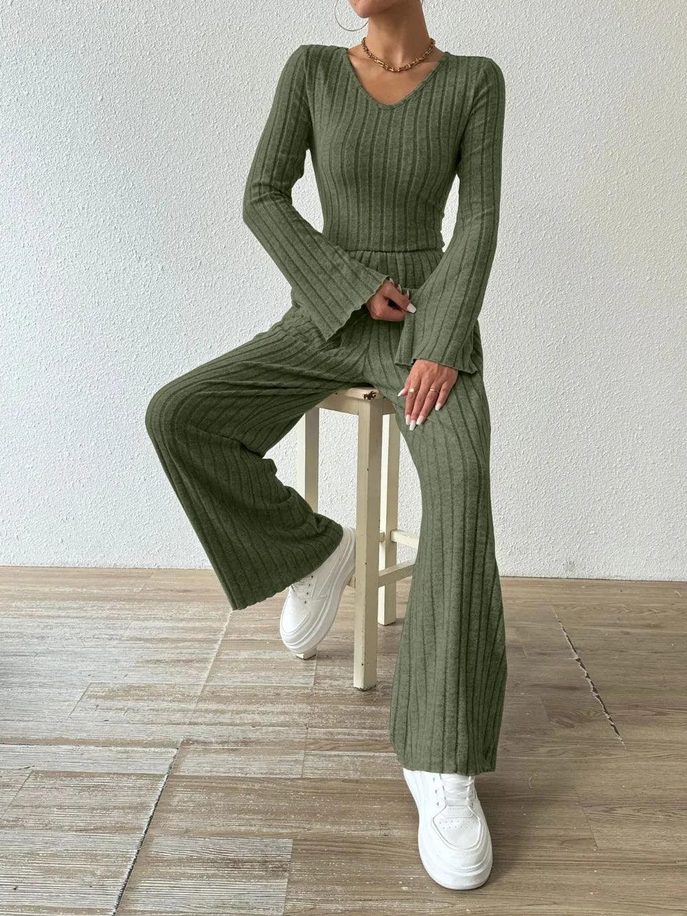 Ribbed V-Neck Long Sleeve Top and Pocketed Pants Set - Which Mark