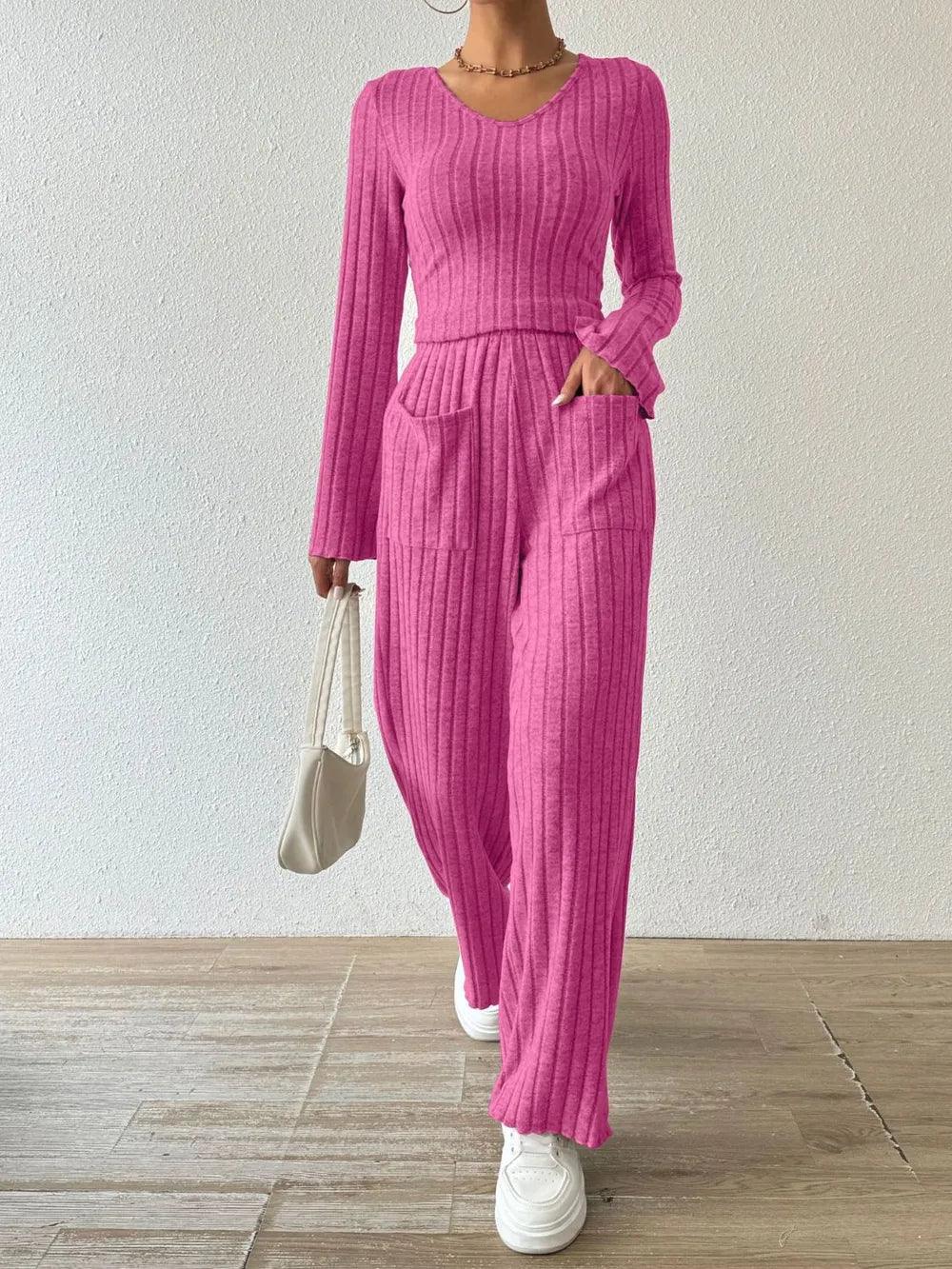 Ribbed V-Neck Long Sleeve Top and Pocketed Pants Set - Which Mark