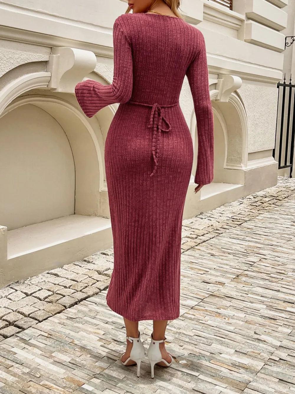 Devine Tied V-Neck Long Sleeve Sweater Dress - Which Mark