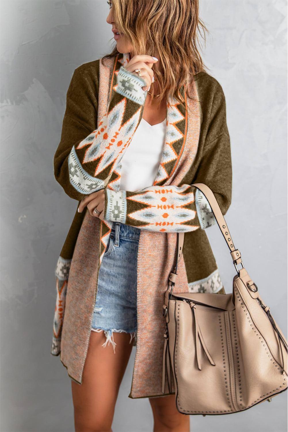 Brown Aztec Print Open Front Knitted Cardigan - Which Mark