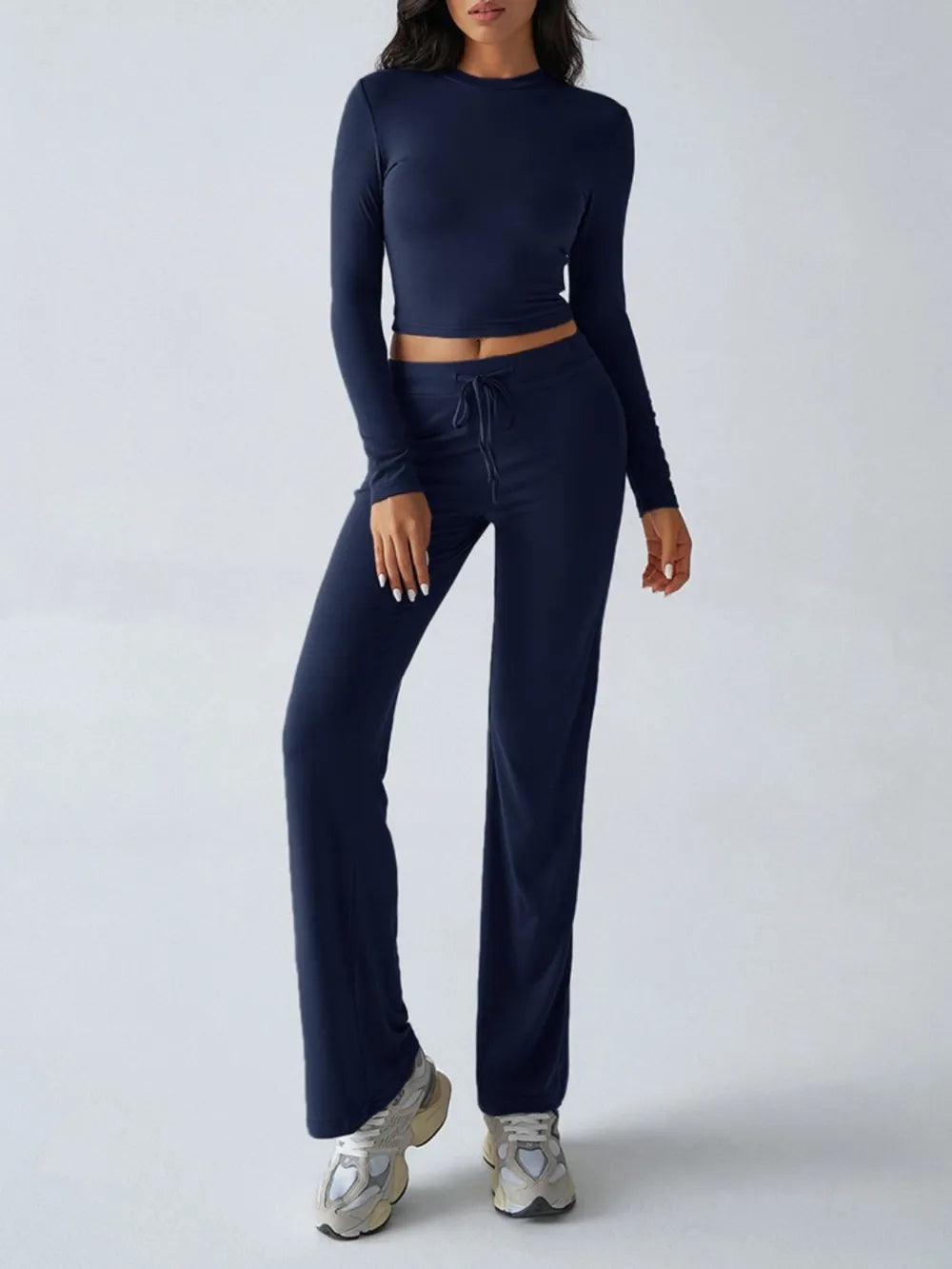 Devine Round Neck Long Sleeve Top and Drawstring Pants Set - Which Mark