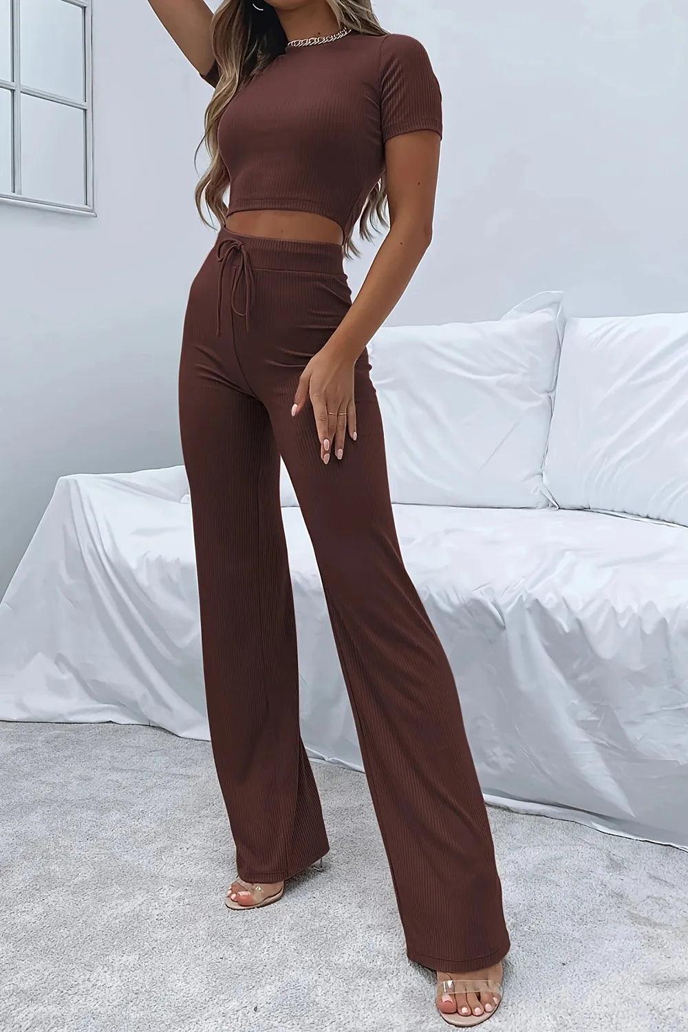 Round Neck Short Sleeve Top and Pants Set - Which Mark