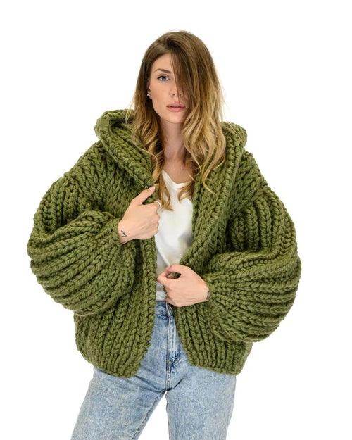 Loose And Hooded Cardigan Coat Handmade Knitting Needle Women's - Which Mark