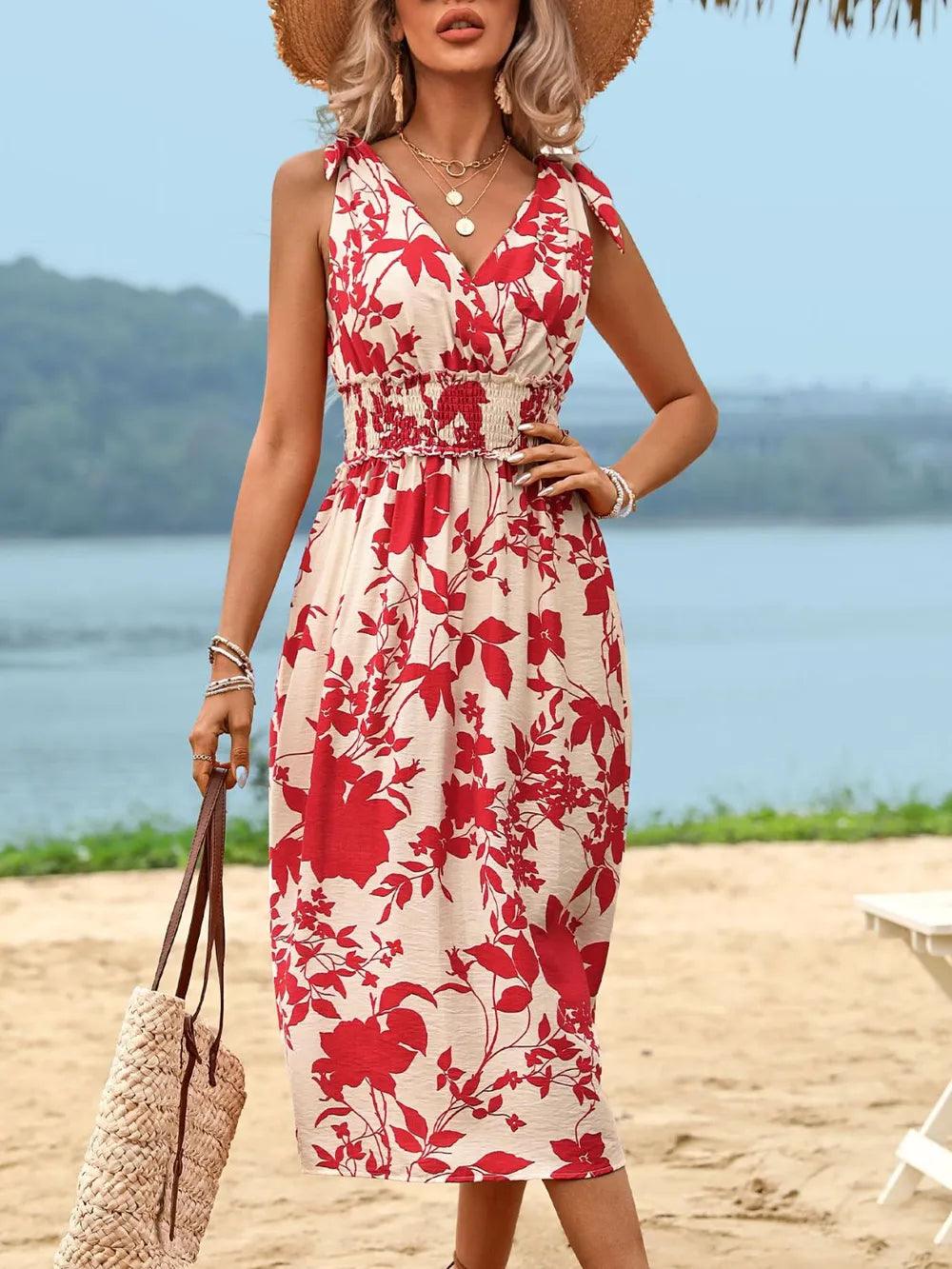 Perfee Smocked Printed Surplice Midi Dress - Which Mark