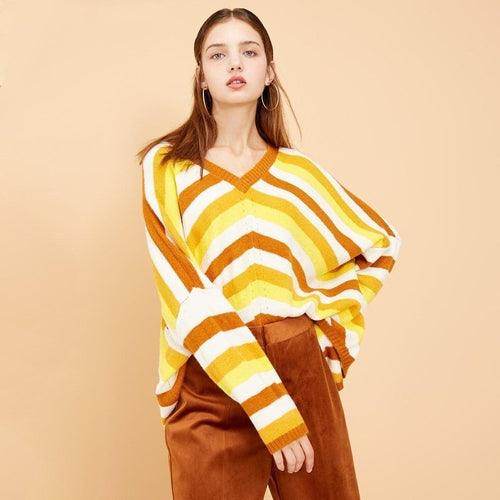 New striped stitching loose V-neck sweater women - Which Mark