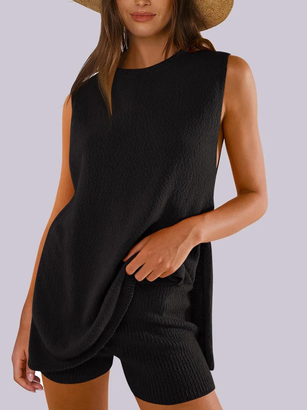 Mandy Side Slit Round Neck Tank and Shorts Sweater Set - Which Mark