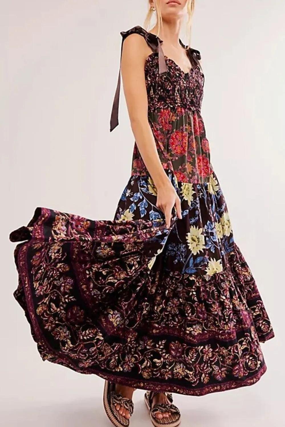 Floral Tiered Maxi Dress with Mixed Print Design - Which Mark