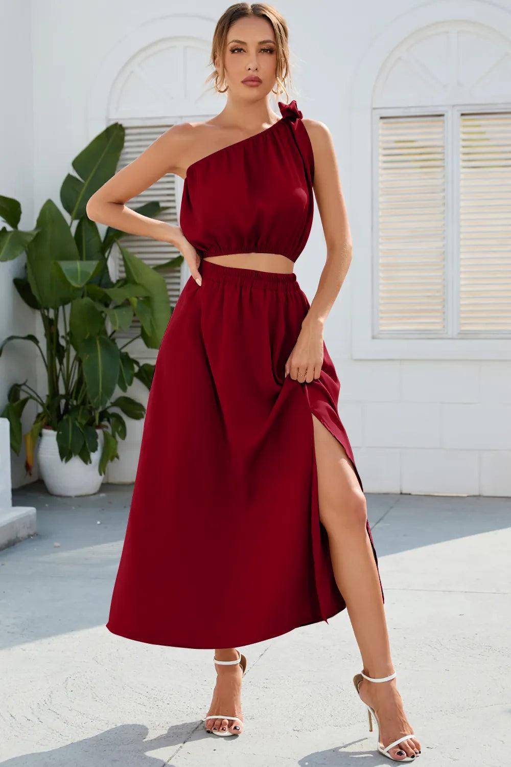 Ruched One Shoulder Top and Slit Skirt Set - Which Mark
