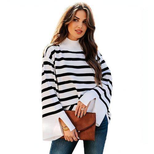 Striped Turtleneck Sweater Women's Cuffs - Which Mark