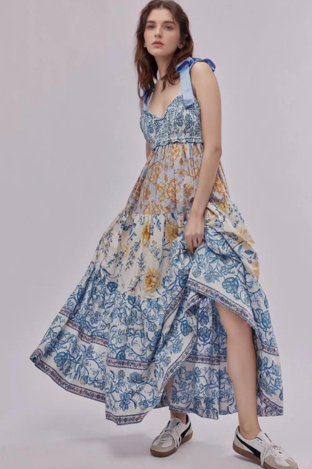 Floral Tiered Maxi Dress with Mixed Print Design - Which Mark