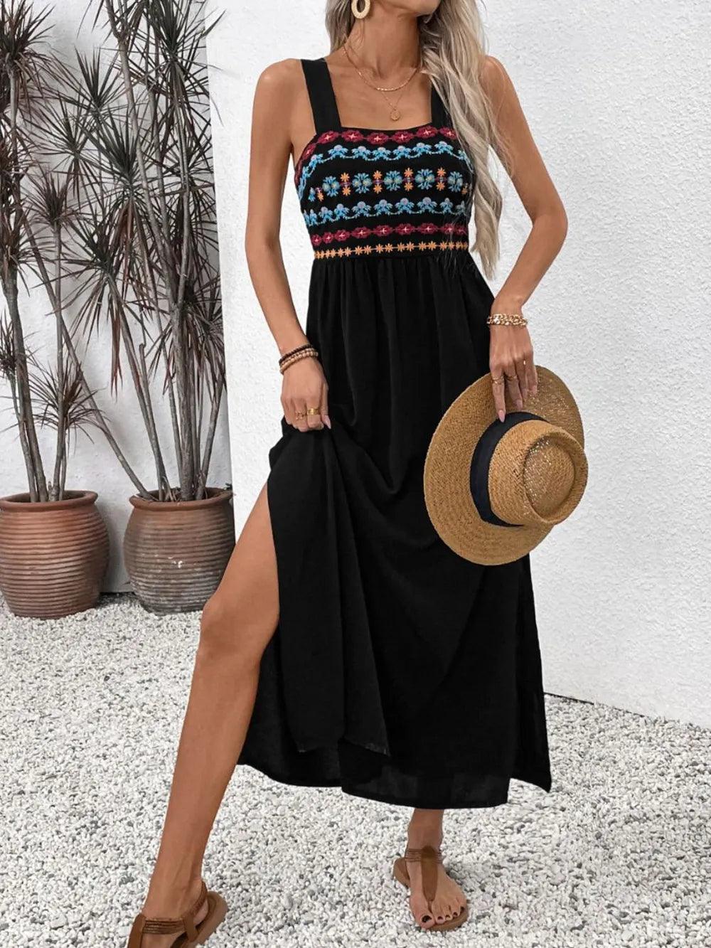 Perfee Embroidered Floral Side Slit Sleeveless Midi Dress - Which Mark