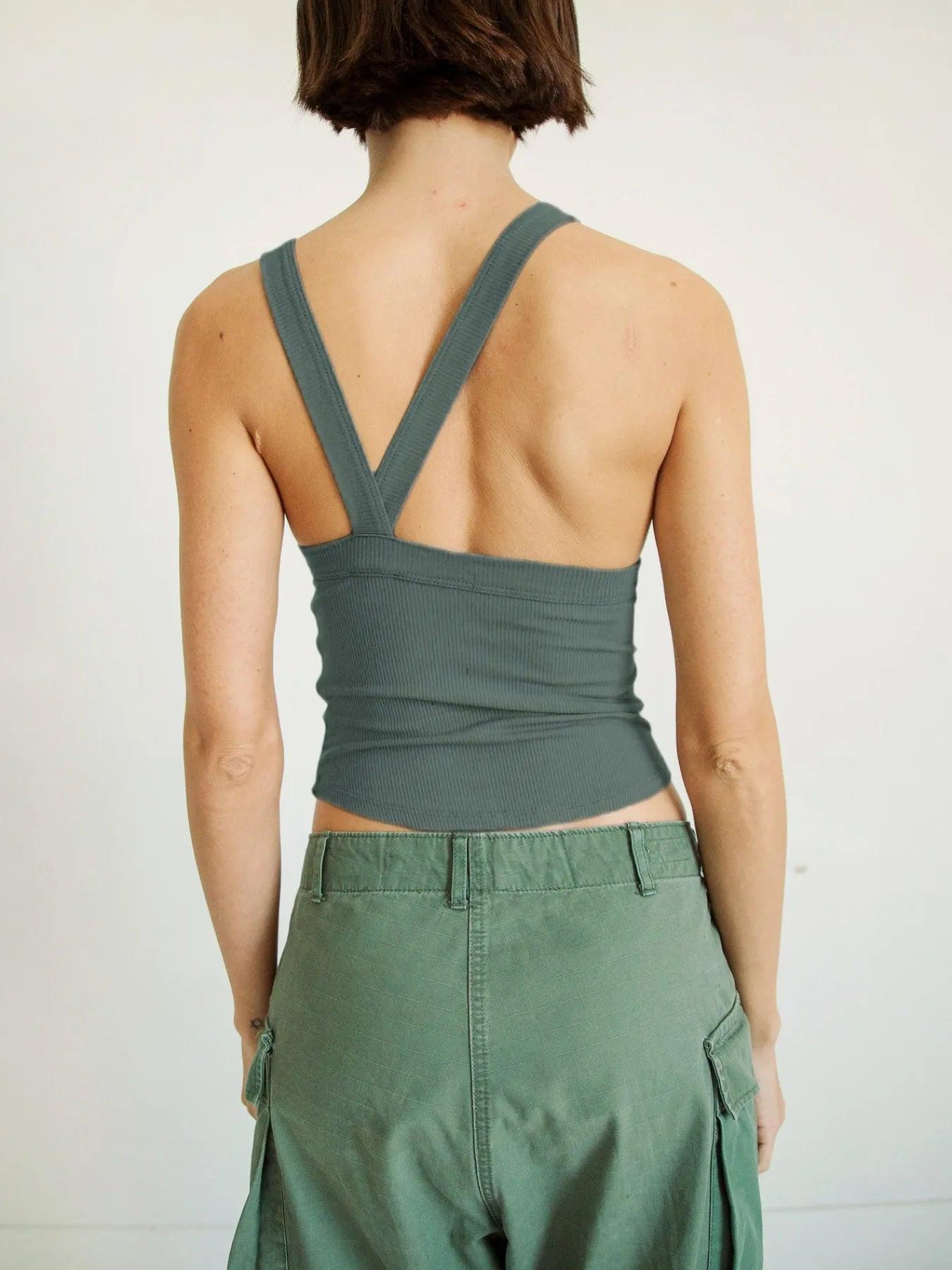 Asymmetrical Back Ribbed Crop Tank Top - Which Mark