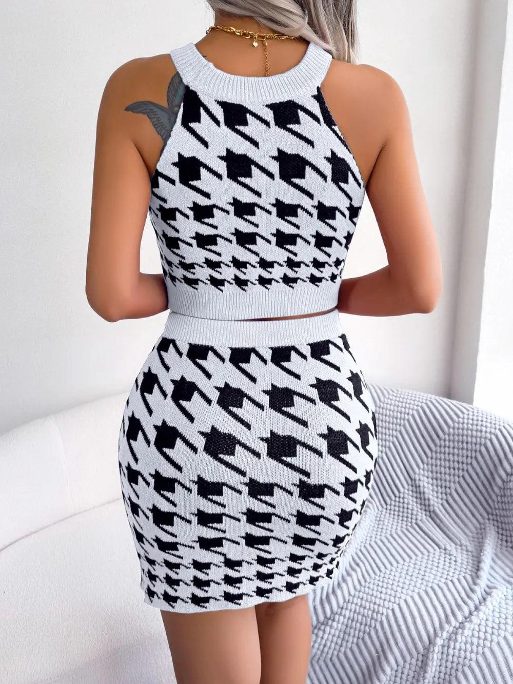 Houndstooth Sleeveless Top and Skirt Sweater Set - Which Mark