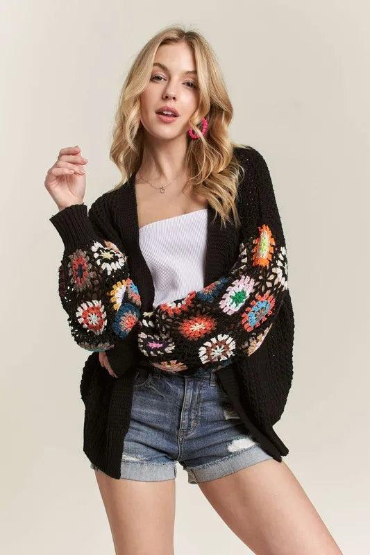 ADORA Full Size Contrast Crochet Open Front Long Sleeve Cardigan Plus Size - Which Mark