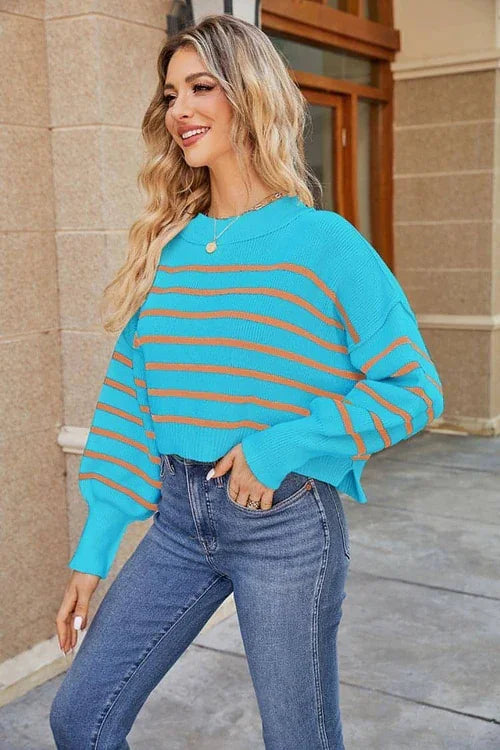 Loose Cropped Pullover Fashion Long Sleeve Round Neck Sweater - Which Mark