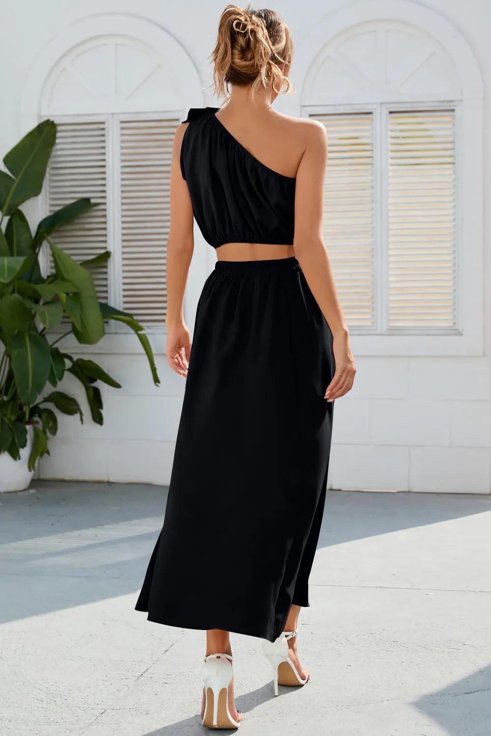 Ruched One Shoulder Top and Slit Skirt Set - Which Mark