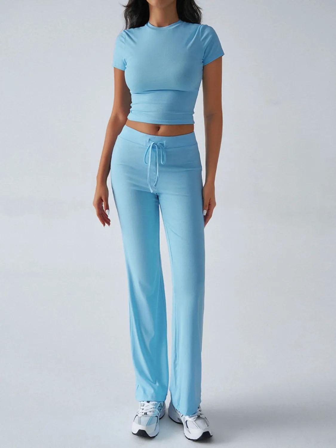 Round Neck Short Sleeve Top and Pants Set - Which Mark