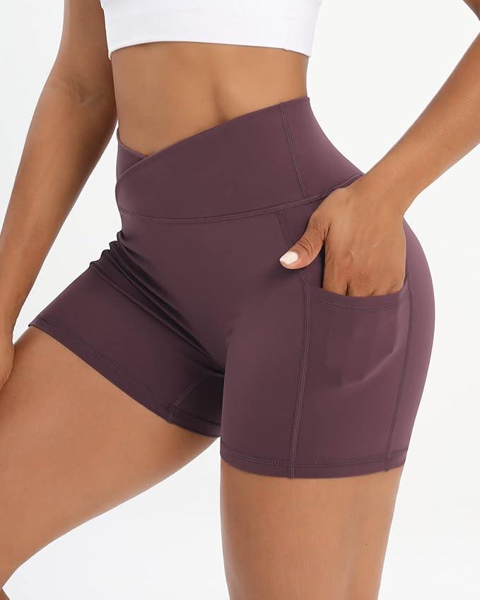 Iserkafe Workout Shorts for Women 2 Pcs Pack Cross Waist Active Gym Spandex Stretchy Yoga Compression with Side Pockets - Which Mark