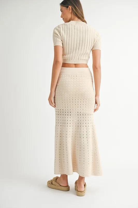 MABLE Pointelle Short Sleeve Crop Top and Slit Skirt Sweater Set - Which Mark