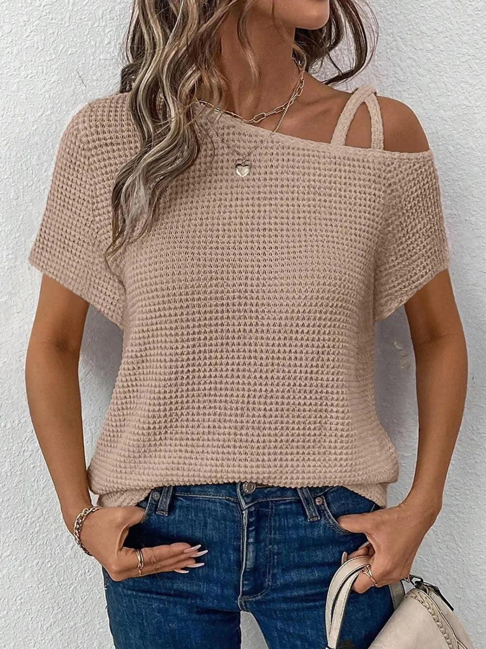 Asymmetrical Neck Short Sleeve T-Shirt - Which Mark