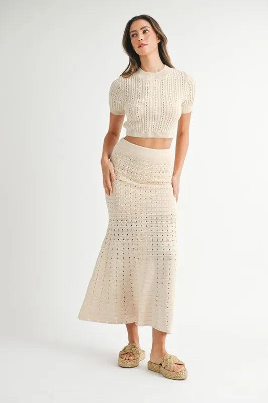 MABLE Pointelle Short Sleeve Crop Top and Slit Skirt Sweater Set - Which Mark