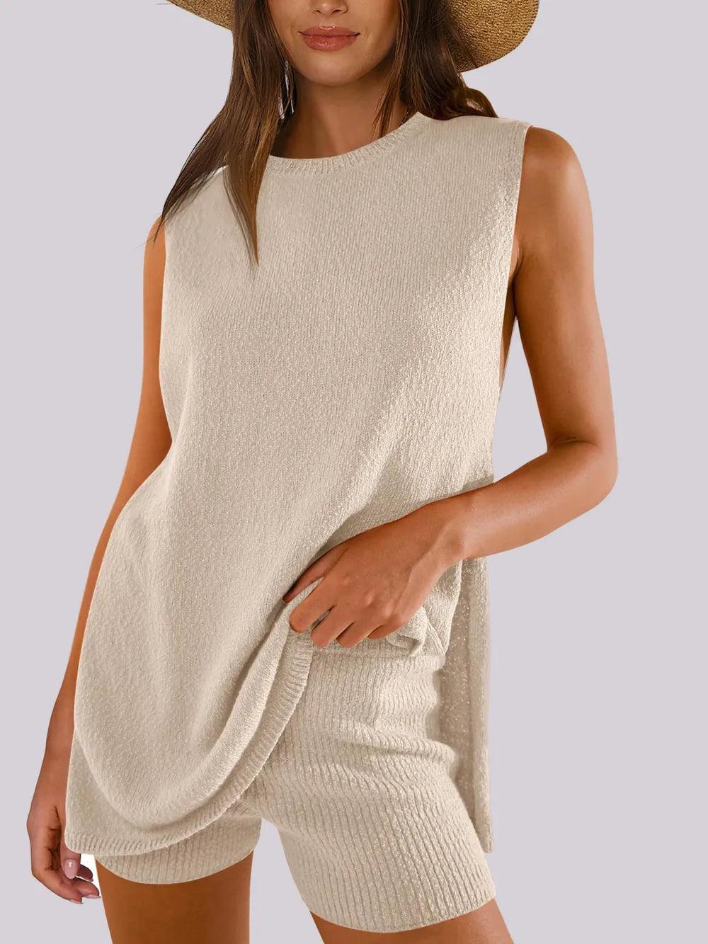 Mandy Side Slit Round Neck Tank and Shorts Sweater Set - Which Mark